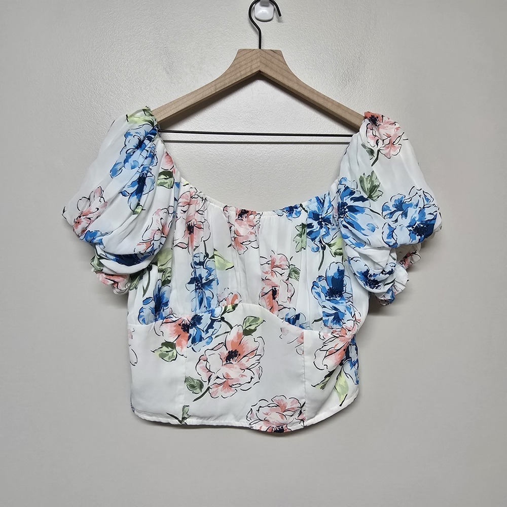 Abercrombie & Fitch Womens Ruched Puff Sleeve Scoopneck Top Floral Crop Sz XL